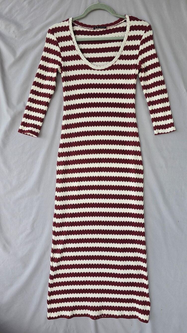 Zara Dress Womens Small Red White Stripe Scoop Neck 3/4 Sleeve Sweater Midi